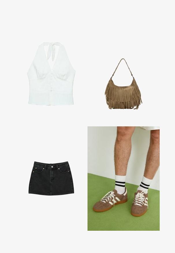 White linen halter top featuring a deep V-neck, button front, and a tie closure at the neck. Smooth texture, fitted design.; Black denim mini skirt with front button, belt loops, and two front pockets with copper rivets, laid flat on white background.; Brown suede sneakers with white accents and laces. Rubber gum sole. Worn with white socks featuring black stripes. Green textured flooring.; Brown suede handbag with long fringe details, a curved shape, and a single shoulder strap. Features a smooth, textured surface.