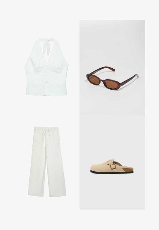 Haut halter en lin blanc avec un décolleté en V profond, une fermeture à boutons sur le devant et un lien au cou. Texture lisse, design ajusté.; Pantalons larges blancs en tissu doux. Dotés d'une taille élastique avec cordon de serrage et d'une texture lisse. Aucuns motifs visibles ni éléments en métal.; Sabots en suède beige à enfiler, avec une semelle en liège, un bout arrondi et une bride simple dotée d'une boucle dorée. Semelle en caoutchouc pour une meilleure adhérence.; Lunettes de soleil rondes teinte brun avec une monture bordeaux brillante. Branches fines avec un détail de marque subtil. Design de verres plats.