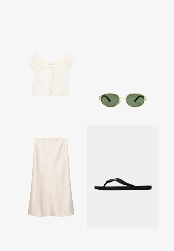 Mango PRETTY - Bluse - off-white; Satin-Midirock in Off-White, gerader Schnitt mit einem elastischen Bund, glatte Textur und ohne sichtbare Muster oder Akzente.; Schwarze Gummi-Flip-Flop-Sandale mit einem strukturierten Riemen und einfacher flacher Sohle, von der Seite auf einem schlichten hellen Hintergrund dargestellt.; Sonnenbrille mit goldfarbenem Metallrahmen, grünen getönten Gläsern, ovaler Form, schwarzen Bügeln und klaren Nasenpads. Sauberes, minimalistisches Design.; Weiße synthetische Handtasche in dreieckiger Form, flache Vorderklappe und Schleifendetail, verstellbarer Trageriemen, glatte Textur und minimalistisches Design.