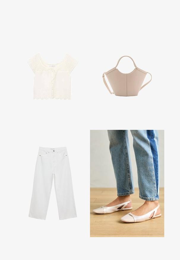 Mango PRETTY - Blouse - off-white; White wide-leg jeans made of denim with a high waist, featuring five pockets and metal hardware accents. Smooth texture, no visible patterns.; Pale pink slingback flats with a pointed toe, made from a smooth leather-like material. Features cut-out details at the sides and a flat heel.; Beige leather handbag with a unique shape, featuring two short handles and a long adjustable strap. Smooth texture with minimal hardware.