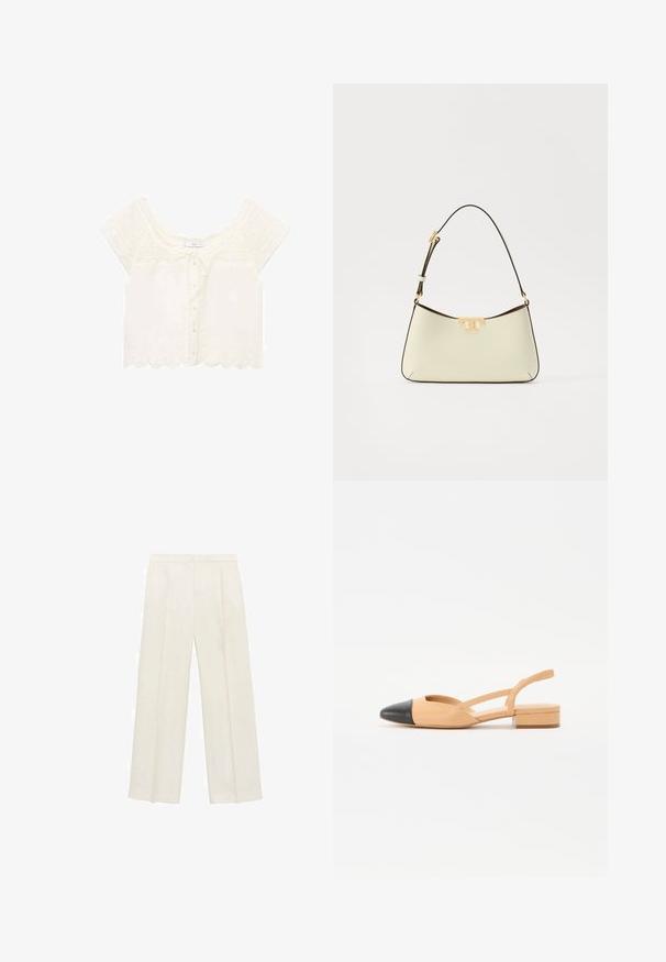 Mango PRETTY - Pusero - off-white; Valkoiset leveälahkeiset housut vaaleassa kermassa. Valmistettu sileästä kankaasta, jossa on laskokset edessä ja sivutaskut.; Vä beige läder slingback flats med en svart spetsig tå, en liten blockklack och korsade remmar på sidan. Slät textur.; Valkoinen nahkainen käsilaukku, jossa on kaareva muoto. Varustettu kultaisella logolla ja ohueholla, säädettävällä tummalla olkaimella.
