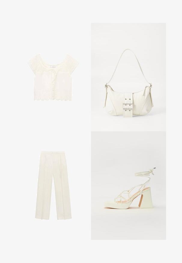 Mango PRETTY - Bluza - off-white; Hlače širokih nogavic v svetli kremni barvi. Narejene iz gladkega materiala s plitkimi naborki spredaj in stranskimi žepi.; Bela sandala na visokih petah s debelim petam, ki ima obliko trakcev in vezanje okoli gležnja. Gladka tekstura z platformo spredaj za dodatno višino.; Bela torbica za rame z teksturirano površino, osrednjo sponko in ukrivljenim oblikovanjem. Zadrge na obeh straneh.
