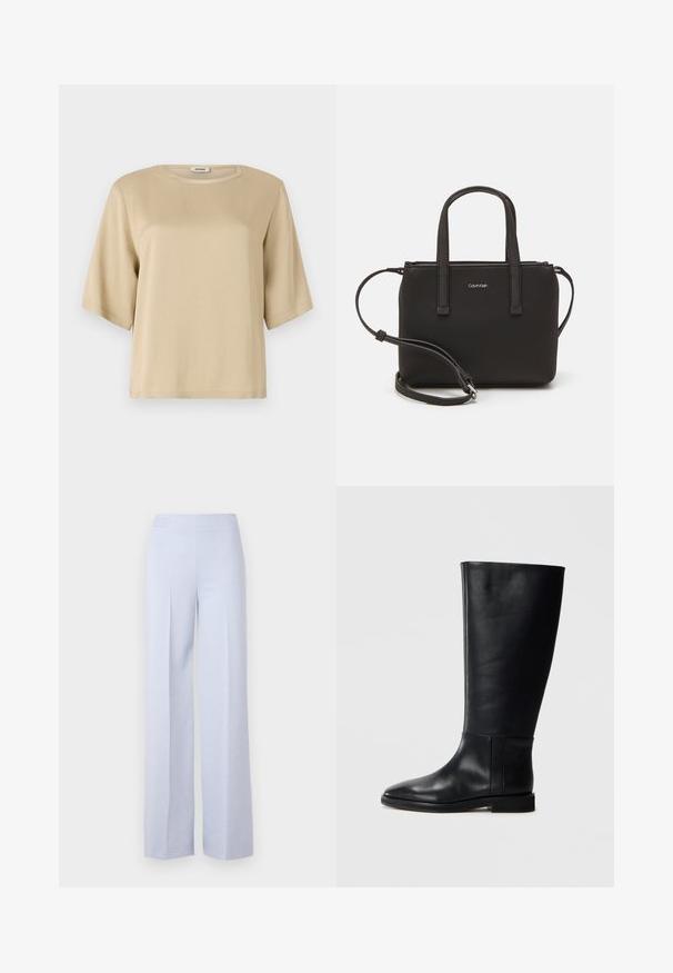 Beige Baumwoll-T-Shirt mit rundem Ausschnitt, kurzen Ärmeln und lockerer Passform. Glatte Textur ohne sichtbare Muster oder Verzierungen.; Helle blaue weit geschnittene Hose aus weichem Stoff, mit einem hohen Bund und einer vorderen Bügelfalte für zusätzlichen Halt.; Schwarze Lederstiefel bis zum Knie mit runder Zehenform, glatter Textur, minimalistischem Design und flacher Sohle. Einfache Nahtdetails am Schaft.; Schwarze Handtasche mit zwei kurzen, doppelt geflochtenen Griffen und einem abnehmbaren Schulterriemen. Glattes, lederähnliches Material mit einem Reißverschluss und Logodetail.