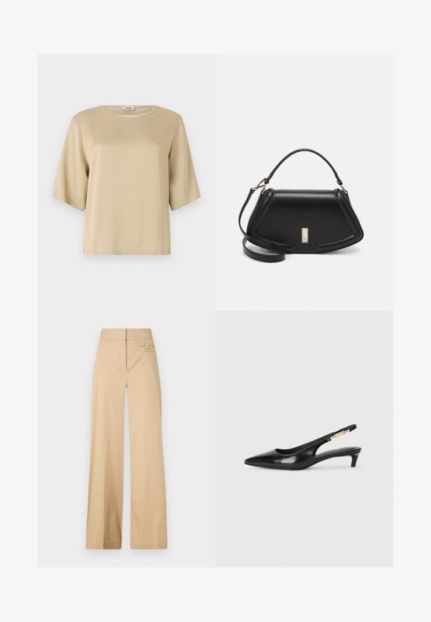 Beige bomull t-skjorte med rund hals, korte ermer og løs passform. Glatt tekstur og ingen synlige mønstre eller dekorasjoner.; Beige vidje bukser laget av bomullsblandingsmateriale. Har en jevn tekstur, elastisk midjebånd og en sideknappdetalj.; Sorte lærreim hæler med spiss tå, som har en slank hæl og en gullfarget detalj på den justerbare stroppen. Glatt tekstur.; Sort lærveske med en strukturert design, som har en avkortet form, topphåndtak og detaljer i gull. Justerbar skulderstropp inkludert.