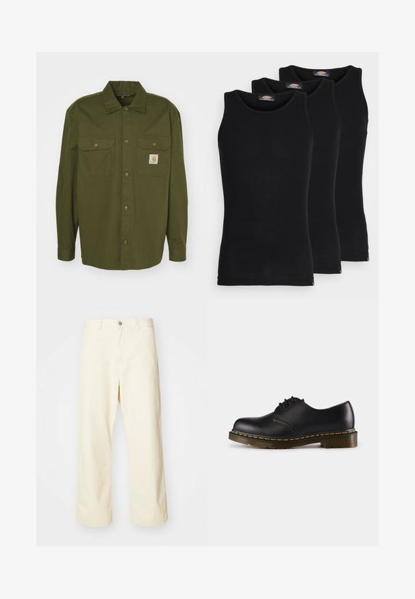 Carhartt WIP CRAFT SHIRT - Košeľa - office green; Čierne tielka v balení po troch kusoch. Ríflový povrch, klasický okrúhly výstrih, bez rukávov. Lem obsahuje malé logo značky na spodnej strane.; Krémové široké nohavice z bavlny s gombíkovým zapínaním, pútkami na opasok a prešívaným okrajom. Hladká textúra, bez viditeľných vzorov.; Čierna kožená topánka s okrúhlou špičkou, šnurovací dizajn, žlté prešívanie pozdĺž podrážky a masívna, textúrovaná gumová podrážka.