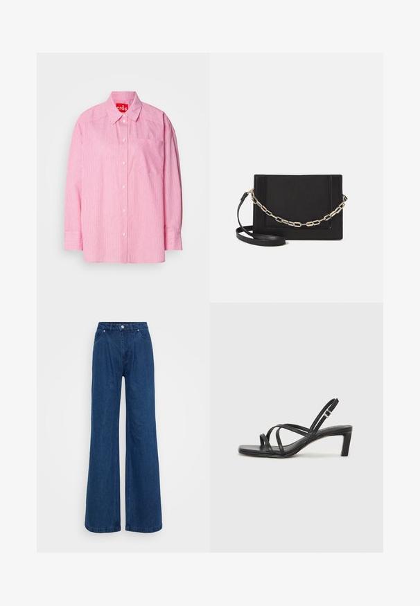 Pink button-up shirt featuring white vertical stripes, a chest pocket, and long sleeves with buttoned cuffs. Constructed from lightweight fabric.; Wide-leg blue denim jeans with a high waist, front button and zipper closure, and front and back pockets against a plain background.; Black strappy sandal with a square toe and a low block heel. Features multiple thin straps and an adjustable ankle strap. Made of smooth leather.; Black leather crossbody bag featuring a smooth texture, rectangular shape, and a metallic chain detail on the front. Adjustable strap included.