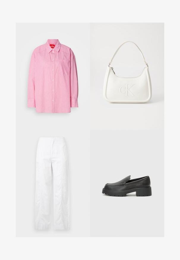 Roza srajca z gumbi z belimi vertikalnimi črtami, prsno žepom in dolgimi rokavi s gumbnimi manšeta. Izdelana iz lahkega materiala.; Bela široka hlače iz lahkega materiala, ki se ponašajo z gladko teksturo, čistimi linijami in visokim pasom.; Črne usnjene loafers čevlje z zaobljenim nosom, debelim teksturiranim podplatom in minimalnimi šivi. Elegantna zasnova brez vidnih vezalk ali kovinskih delov.; Bela usnjena torbica s ukrivljeno obliko, ki na sprednji strani nosi vžgano logo "CK" in ima eno naramnico. Zadrga za zapiranje na vrhu.