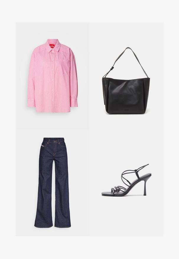 Roza srajca z gumbi z belimi vertikalnimi črtami, prsno žepom in dolgimi rokavi s gumbnimi manšeta. Izdelana iz lahkega materiala.; Temno modri široki kavbojke iz denima z visokim pasom, ki imajo oranžne šive, pet žepov in gumba za zapiranje.; Črne visoke sandale na peto imajo tanke naramnice z vozlom, gladek kvadratni toe in eleganten stiletto peto.; Calvin Klein GRACIE MEDIUM - Torbica - black; Srebrna obročasta uhana s polirano površino, ki vključuje majhne zlate poudarke in okroglo obliko, nošena na ušesnem lobu.