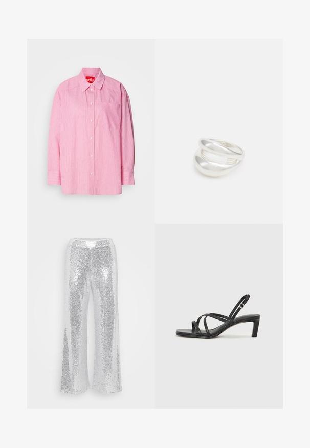 Camicia rosa con bottoni, caratterizzata da righe verticali bianche, una tasca sul petto e maniche lunghe con polsini abbottonati. Realizzata in tessuto leggero.; Pantaloni a gamba larga in paillettes argentate con vita alta. Il tessuto brilla e riflette la luce, presentando una texture liscia e lucida.; Sandalo nero con cinturini, dalla punta squadrata e tacco basso a blocco. Presenta diversi cinturini sottili e una cinturini regolabile alla caviglia. Realizzato in pelle liscia.; Anello doppio in argento con superficie liscia e lucida. Presenta un design fluido e curvo con sezioni sovrapposte per un aspetto moderno.