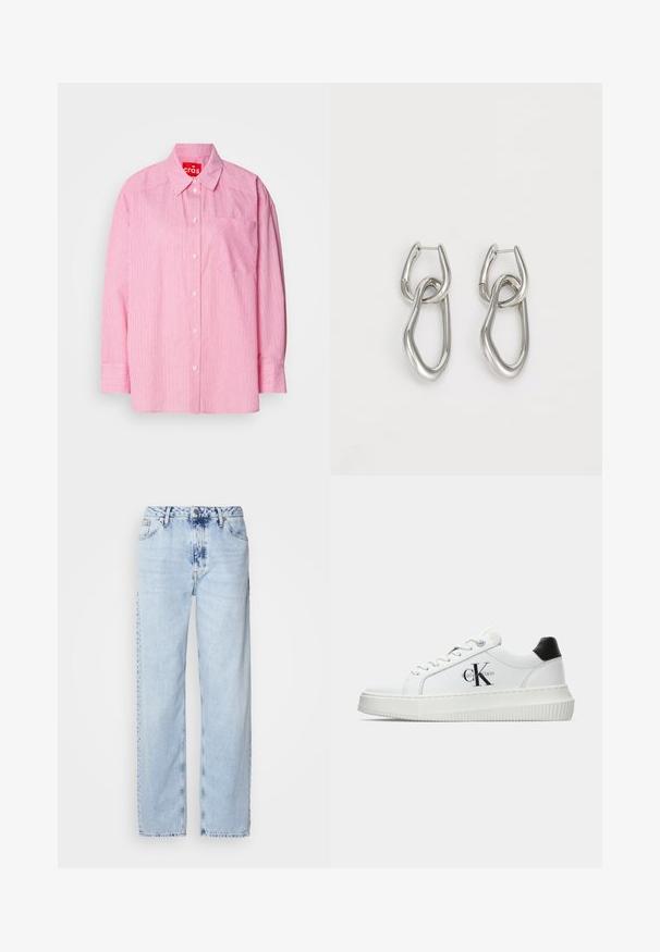 Rožinė marškinėlių su mygtukais, kurių dizainas yra baltos vertikalios juostelės, krūtinės kišenė ir ilgos rankovės su mygtukais. Pagaminta iš lengvos medžiagos.; Šviesiai mėlynos plačios kelnės, pagamintos iš džinsinio audinio, su aukšta juosmens linija, išblukusiu plovimu ir subtiliu tinių dažymu priekyje.; Balti žemakulniai bateliai su juodu kulno dangteliu, platformos padu, raišteliais ir Calvin Klein "CK" logotipu šone.; Calvin Klein STATEMENT LINKS - Auskarai - silver-coloured
