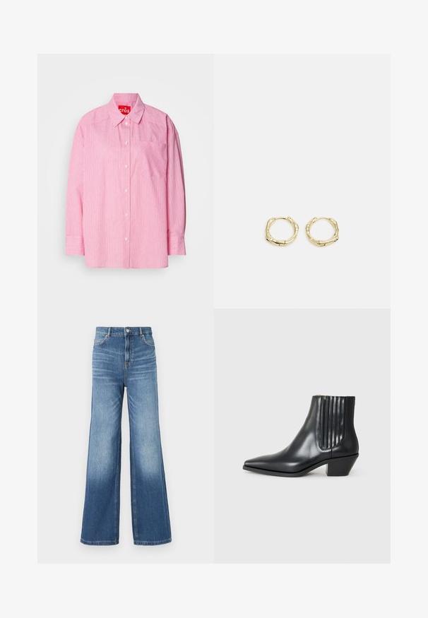 Różowa koszula zapinana na guziki z białymi pionowymi paskami, kieszonką na piersi oraz długimi rękawami z guzikami. Wykonana z lekkiego materiału.; Jasnoniebieskie dżinsowe spodnie szerokie u dołu z wysokim stanem, z pięcioma kieszeniami, szlufkami na pasek oraz subtelnym efektem wyblaknięcia w kierunku dołu.; Czarne skórzane botki za kostkę z wysmuklonym noskiem, elastycznymi bocznymi panelami z pionowymi rowkami oraz niskim blokowym obcasem. Gładka tekstura i elegancki design.; Złote kolczyki w kształcie obręczy o teksturowanej, nieregularnej formie. Posiadają bezszwowe zapięcie oraz polerowane wykończenie, podkreślające nowoczesny design.
