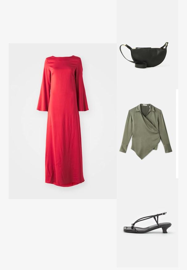 Olivengrüne Wickelbluse aus glattem Stoff. Verfügt über einen Kragen, lange Ärmel und einen asymmetrischen Saum.; Langes rotes Kleid aus leichtem Stoff mit einem Bateau-Ausschnitt und weiten Glockenärmeln. Glatte Textur mit gerader Silhouette.; Schwarze Leder-Sandale mit dünnen Riemen, niedrigem Blockabsatz und quadratischer Spitze. Sie verfügt über einen Schnallenverschluss und eine glatte Textur.; Schwarze Leder-Umhängetasche in Halbmondform, mit strukturiertem Oberflächen, goldfarbenem Reißverschluss und flachem Trageriemen. Kompakte Ausführung, die für die wichtigsten Dinge geeignet ist.