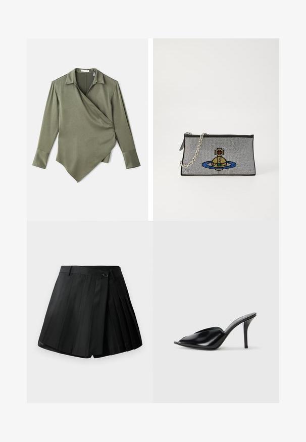 Blusa avvolgente verde oliva realizzata in tessuto morbido. Presenta un collo a camicia, maniche lunghe e un orlo asimmetrico.; Bermuda nera a pieghe con fronte piano, chiusura con bottone e tessuto leggero. Decorata con pieghe nette e orlo pulito.; Mule nere in pelle con tacco alto, punta aperta, design affusolato, texture liscia e tacco stiletto sottile.; Borsa a pochette nera con tracolla a catena argento, caratterizzata da un design di perline colorate che rappresenta un sottomarino giallo circondato da un anello blu.