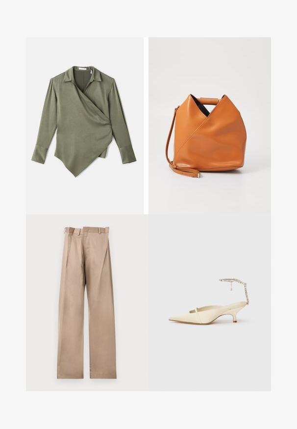 Alyvuogių žalia suknelė wrap estilo, pagaminta iš lygaus audinio. Turi apykaklės iškirptę, ilgus rankovės ir asimetrišką kraštą.; Smėliniai pritaikyti kelnės su tiesiomis kojomis, su plokščiu priekiu, diržo kilpomis ir klostėmis. Pagamintos iš lygaus audinio su minkštu tekstūru.; Kremo spalvos bateliai su smailiu priekiu ir plona priekine juostele, bei deimantinėmis apyrankėmis ant kulkšnies, ant baltos fono.; Tan spalvos odinė rankinė su unikaliu trikampio formos lankstymo dizainu, viršutine rankena ir nuimamu peties diržu ant balto fono.