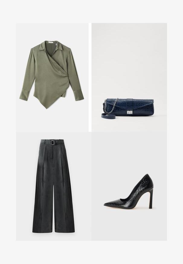 Olijfgroene wikkelblouse van gladde stof. Beschikt over een kraaghalslijn, lange mouwen en een asymmetrische zoom.; Wijde broek in donkergrijs, met een gladde textuur, plooien en een riem met een zilveren gesp op de hoge taille.; Zwarte puntige hoge hak schoen met een krokodillenleren textuur, met een slank ontwerp, hoge stiletto-hak, en een gladde zwarte binnenkant.; Marineblauwe leren clutch met een krokodillenstructuur, zilveren kettingriem en metalen sluiting. Rectangulaire vorm met een omgevouwen ontwerp.