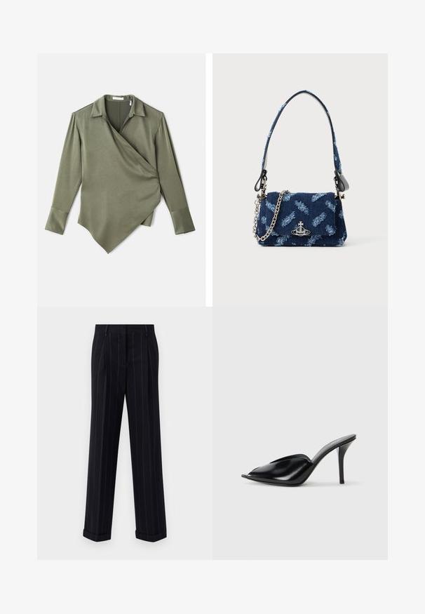 Blouse cache-coeur vert olive en tissu lisse. Présente un col rabattu, des manches longues et un ourlet asymétrique.; Pantalons noirs à rayures fines avec une coupe ajustée, dotés d'un ourlet à revers et de plis avant. Fabriqués en tissu lisse avec un design structuré.; Mules à talons hauts en cuir noir, avec un design à bout ouvert, pointu, texture lisse et un fin talon aiguille.; Sac à main en tissu bleu marine avec un design texturé, quincaillerie en argent et une bandoulière en chaîne détachable. Comprend une fermeture à rabat et un accent logo.