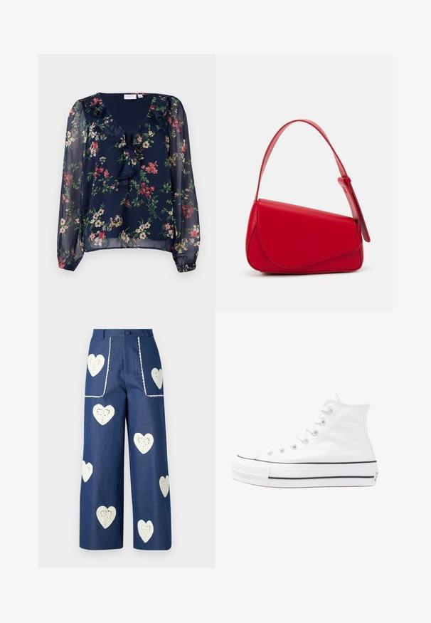 Tamsiai mėlynas, permatomas bluzonas su gėlių raštu. Sukurtas V formos iškirpimo, su raukiniais ir ilgomis, pūstomis rankovėmis su elastinėmis apykaklėmis.; Sister Jane HEART TO HEART - Tiesaus kirpimo džinsai - blue denim; Balti aukštakulniai drobės sportbačiai su juodu guminio pado, priekinio guminio piršto dangteliu ir šešiais akytėmis raištams, pasižymintys švariu, minimalistiniu dizainu.; Raudona odinė rankinė su kampuota, geometrine forma. Pasižymi viena reguliuojama dirželiu ir dangteliu su siuvinėtais dekoracijomis.