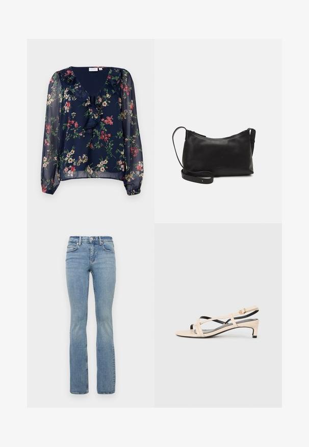 Navy blue, sheer blouse with floral print. Features a v-neckline, ruffled detailing, and long, puffed sleeves with elastic cuffs.; Light blue denim flared jeans with a mid-rise waist, featuring five-pocket design, belt loops, and subtle fading on the thighs.; Beige leather slingback sandal with crisscross straps, low heel, and black accents. Smooth texture and minimalistic design.; Black leather shoulder bag with a smooth texture, curved shape, adjustable strap, and a zip closure. Minimalist design without embellishments.