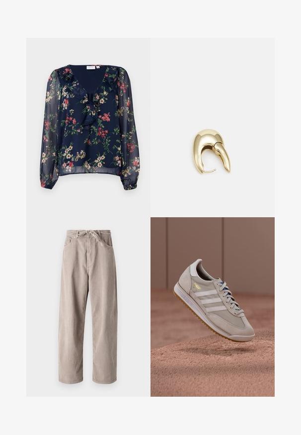 Tamsiai mėlynas, permatomas bluzonas su gėlių raštu. Sukurtas V formos iškirpimo, su raukiniais ir ilgomis, pūstomis rankovėmis su elastinėmis apykaklėmis.; Šviesiai rudi kordūriniai kelniai, laisvo kirpimo, su raišteliu reguliuojamu juosmeniu, dviem priekinių kišenėlių ir vertikalia juostele.; Smėlio spalvos sportiniai bateliai su zomšiniu ir tinkliniu viršumi, baltais trimis juostelėmis, gumine padu, mėlynomis raištelėmis ir auksiniu logotipo akcentu. Klasikinis retro dizainas.; Aukso tono metalinės auskarai su stilingu, kreiviu dizainu. Išsiskiria ryškiu smailiu pavidalu, poliruota paviršiumi ir užsegimu su vyriu.