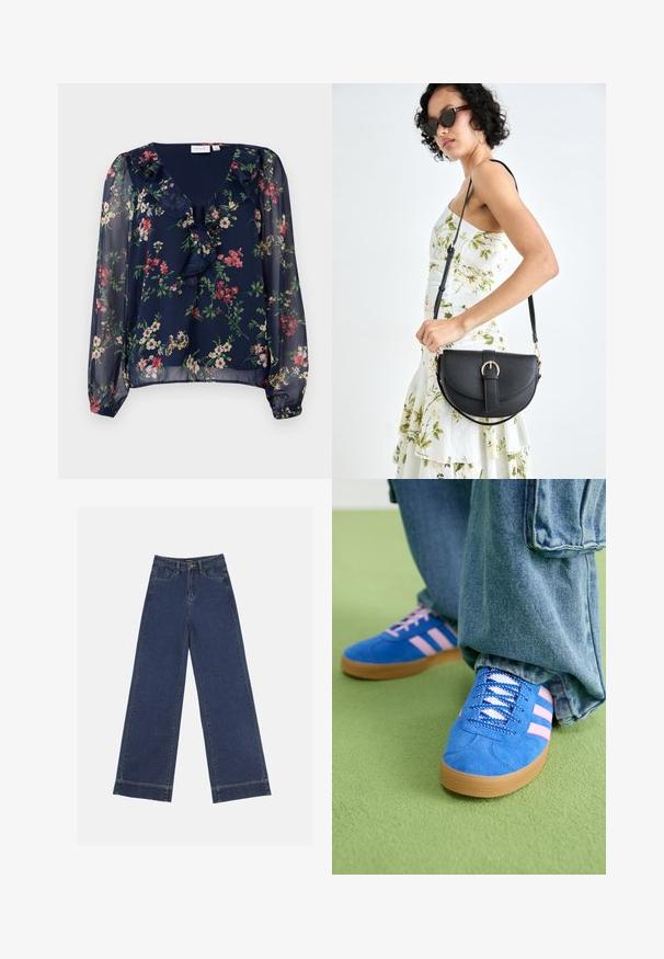 Mørkeblå, gennemsigtig bluse med blomsterprint. Har en v-halsudskæring, flæse detaljer og lange, puffede ærmer med elastiske manchetter.; Vidde bukser i mørkeblå denim. Har fem lommer, bæltestropper og en rå kant nederst med synlige stikninger.; Blå ruskindsko med pink striber og hvide snørebånd, med en sål af gummi, parret med løse denimbukser på en grøn overflade.; Sort læderhåndtaske med en buet form, aftagelig rem og guldfinish. Tasken har en klap med en spænde detalje.