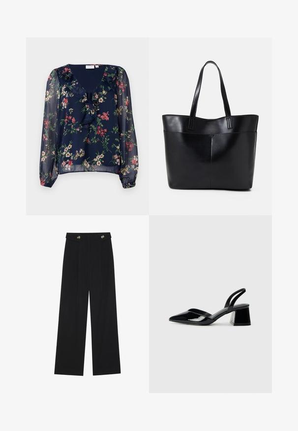 Blusa trasparente color blu navy con stampa floreale. Presenta un collo a V, dettagli arricciati e maniche lunghe a palloncino con polsini elasticizzati.; Pantaloni neri a gamba larga con vita alta, dettagli con bottoni in vita e pieghe frontali.; Décolleté in vernice nera con punta affusolata e tacco in geometria cubica. Presentano un design elegante e minimalista, con una texture liscia.; Borsa a tracolla in pelle nera con due manici lunghi, una texture liscia e una forma strutturata. Presenta una tasca frontale per ulteriore spazio di archiviazione.