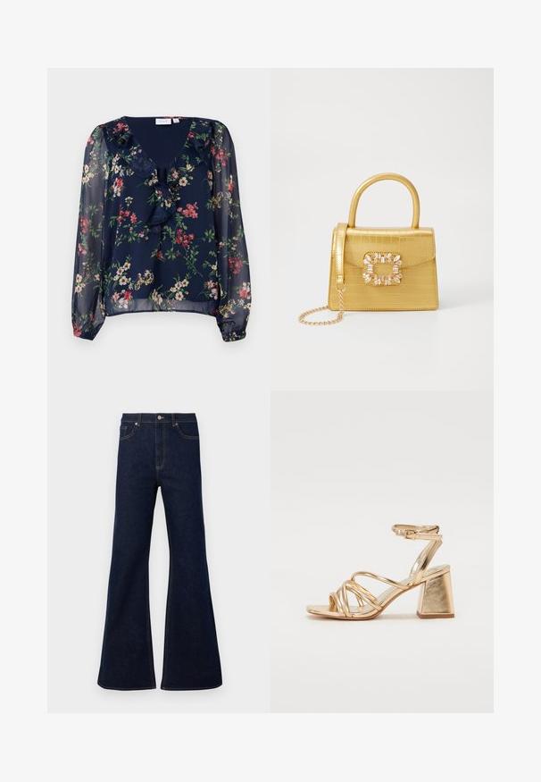 Blusa trasparente color blu navy con stampa floreale. Presenta un collo a V, dettagli arricciati e maniche lunghe a palloncino con polsini elasticizzati.; Jeans in denim blu scuro a gamba larga con vita alta, tasche frontali e dettagli in cucitura dorata. Tessuto morbido con un taglio tradizionale.; Sandali con tacco oro metallici caratterizzati da un design a strisce, tacco quadrato e cinturino regolabile alla caviglia con fibbia. Texture liscia.; Borsa finta coccodrillo gialla con design strutturato, manico superiore, tracolla a catena removibile e abbellimenti in cristallo decorativi sulla chiusura.; Orecchini a cerchio dorati, quattro pezzi, finitura liscia, design arrotondato, di diverse dimensioni, con chiusura a cerniera per un facile utilizzo.