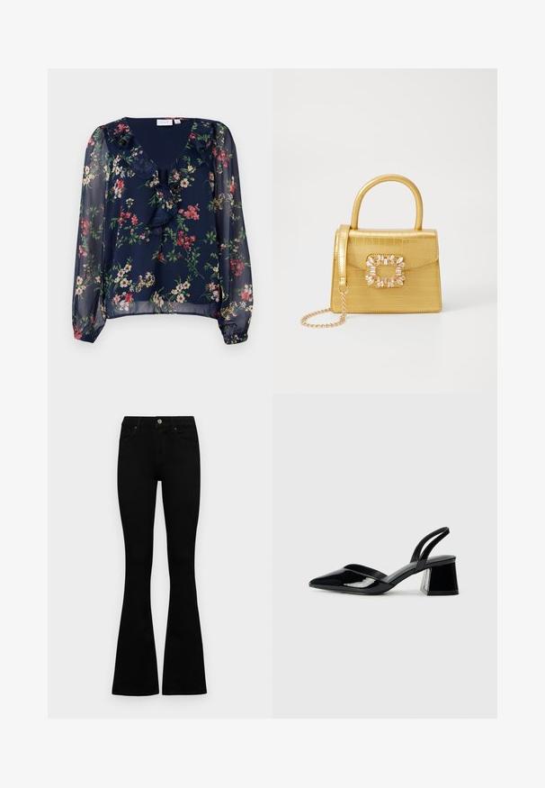 Tengerés kék, áttetsző blúz virágmintával. V-kivágással, fodros részletekkel és hosszú, puffos ujjakkal rendelkezik, amelyek rugalmas mandzsettával záródnak.; Fekete, magas derekú farmernadrág gomb- és cipzárzárral, elülső zsebekkel és harangszárral, laposan egy fehér háttérre terítve.; Fekete lakk bőr szandálkés magas sarkú cipő, hegyes orral és geometrikus tömbsarkakkal. Karcsú, minimalista dizájn és sima textúra jellemzi.; Sárga műbőr krokodil mintás kézitáska strukturált kialakítással, felső fogantyúval, leválasztható lánccal és díszes kristály díszítéssel a záron.