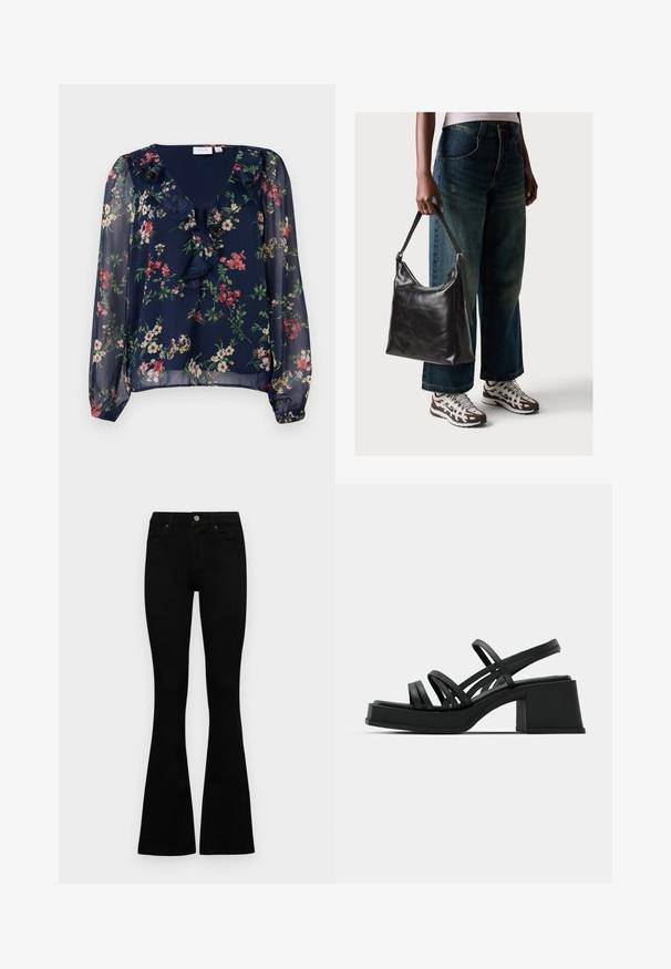 Blusa trasparente color blu navy con stampa floreale. Presenta un collo a V, dettagli arricciati e maniche lunghe a palloncino con polsini elasticizzati.; Jeans neri a vita alta con chiusura a bottoni e zip, tasche frontali e gambali svasati, distesi su uno sfondo bianco.; Sandali neri con tacco a spillo, caratterizzati da numerose fasce sottili e un ampio tacco a blocco. Design elegante con una texture opaca. La soletta presenta una leggera curvatura.; Borsa a tracolla nera in pelle con una texture liscia e tracolla regolabile, abbinata a jeans ampi sbiaditi e sneakers sportive.