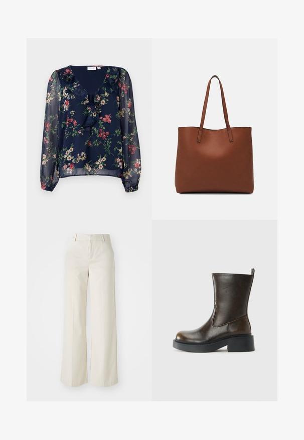 Blusa azul-marinho, transparente, com estampa floral. Apresenta um decote em V, detalhes em babados e mangas longas com volume, terminando em punhos elásticos.; Calças largas numa cor bege clara, feitas de um tecido suave. Apresentam uma cintura clássica e parte da frente lisa com linhas limpas.; Bota de couro castanho escuro até à panturrilha, com bico arredondado, sola preta grossa, salto baixo e alça na parte de trás.; Bolsa tote de couro castanho com uma textura suave, design de abertura superior e duas alças para o ombro. Apresenta costura mínima e sem hardware visível.