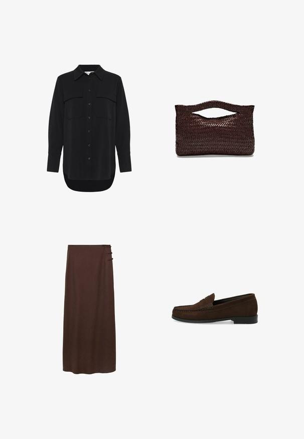 My Essential Wardrobe SILLE HACE czarny; Brązowa bluzka z długim rękawem wykonana z miękkiego, elastycznego materiału, z okrągłym dekoltem i luźnym krojem, charakteryzująca się gładką fakturą i minimalnym zdobieniem.; Brąskowa, długość do ziemi spódnica wykonana z miękkiego materiału. Posiada trzy dekoracyjne guziki po bokach w okolicy talii. Prosty, nieozdobiony fason.; Brązowe zamszowe mokasyny z haftowanym czubkiem, płaską czarną gumową podeszwą oraz dekoracyjnym paskiem i detalem.; Torebka z brązowej, plecionej skóry z zaokrąglonym uchwytem u góry i otwartą sylwetką, charakteryzująca się teksturowaną powierzchnią oraz eleganckim, minimalistycznym designem.