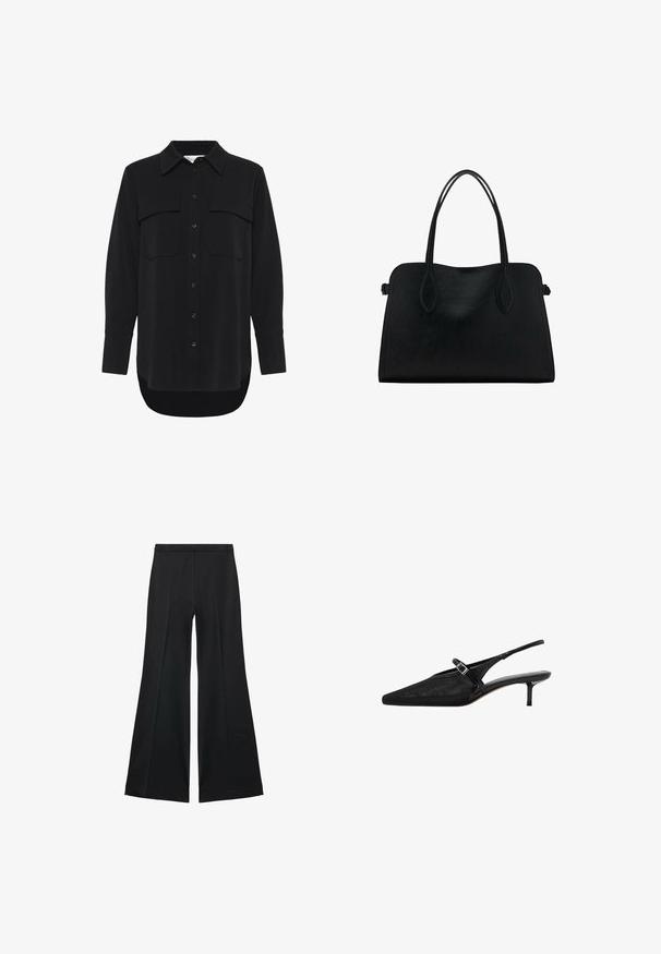 My Essential Wardrobe SILLE HACE - Košilová halenka - black; Černé kalhoty s širokými nohavicemi a hladkou texturou, s předními sklady a přizpůsobeným střihem. Materiál je lehký a splývavý.; Černé slingback podpatky s špičatou špičkou, texturovaný síťovaný svršek, úzký nastavitelný pásek se stříbrnou sponou a 5 cm jehlové podpatky.; Černá kožená kabelka s dvojitými ramenními popruhy, obdélníkový tvar a minimalistický design na bílém pozadí.