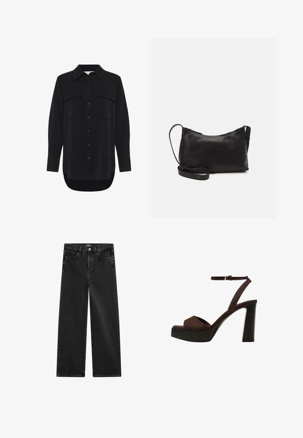 My Essential Wardrobe SILLE HACE - Blus - black; Bredbenta svarta denimjeans med ett subtilt vertikalt randmönster, med femfickorsdesign och en klassisk knäppning i midjan.; Bruna mocka högklackade sandaler med öppen tå, justerbar vristrem och en randig plattformssula.; Svart läder axelväska med en slät yta, rundad form, justerbar rem och dragkedjestängning. Minimalistisk design utan utsmyckningar.