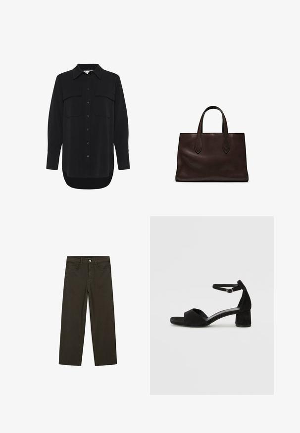 My Essential Wardrobe SILLE HACE czarny; Ciemnozielone spodnie dżinsowe typu wide-leg wykonane z mieszanki bawełny, z zamkiem na guzik z przodu, pięcioma kieszeniami i klasycznym przeszyciem dżinsowym.; Czarne zamszowe sandały na obcasie z cienkim paskiem wokół kostki, otwartym noskiem i skromnym słupkowym obcasem. Gładka faktura i minimalne akcenty.; Brązowa skórzana torba tote z dwoma wydłużonymi uchwytami, usztywnionym prostokątnym kształtem, gładką teksturą i subtelnymi detalami przeszycia.