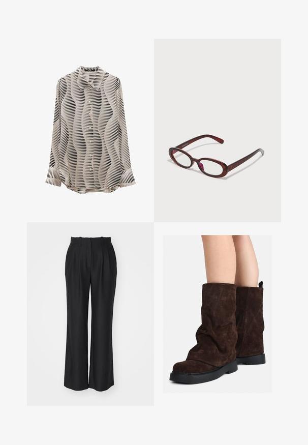 Long-sleeve blouse in smooth fabric featuring a cream base with black wavy stripes, button-down front, and a classic collar design.; Black wide-leg trousers with a high waistband, featuring pleats, crafted from a smooth, textured fabric, with a straight cut to the hem.; Brown suede mid-calf boots with black rubber soles worn on bare legs, showing slight wrinkling on the boot shafts.; Oval-shaped red sunglasses with clear lenses and sleek brown frames. The design features subtle curves and minimal hardware.