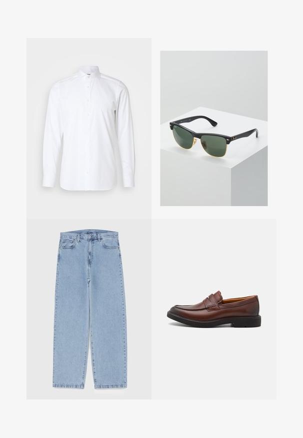 Weißes Langarmhemd aus glattem Stoff, mit klassischem Kragen, Knopfleiste und tailliertem Schnitt. Keine Muster oder Akzente.; Hellblaue Jeans aus Denim mit geradem Bein, ausgestattet mit einer mittelhohen Taille, fünf Taschen sowie einem Knopf- und Reißverschluss.; Braune Lederloafer mit runder Zehenpartie, dekorativer Naht und schwarzer Gummisohle. Glatte Textur und minimale Designmerkmale.; Ray-Ban Sonnenbrillen mit grünen Gläsern, schwarzen Kunststoffrahmen und goldenen Akzenten an den Rändern. Quadratische Form mit matter Oberfläche.; Braune Leder-Umhängetasche mit einer flachen Vorderklappe, zwei Riemen, goldenen Hardware-Akzenten und einem verstellbaren Schultergurt.