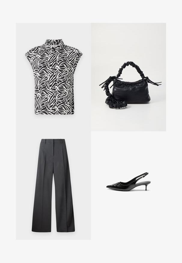 Short-sleeve shirt in black and white, featuring a wave pattern. Made from lightweight fabric with a collared neckline and button detail.; Wide-leg trousers in dark gray fabric, featuring a high waist, single pleats, and a smooth texture with a clean finish at the hems.; Black leather slingback heels with a pointed toe, small kitten heel, and a decorative knot detail on the front. Smooth texture throughout.; Black faux leather handbag with a crocodile texture, cinched top, and a scrunched strap. Appears soft and compact in design.