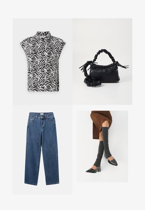 Juodai baltos spalvos trumpomis rankovėmis marškiniai, puošti bangų raštu. Pagaminti iš lengvos medžiagos su apykakle ir mygtukų detalėmis.; Klasikiniai mėlynos džinsinio audinio džinsai su tiesiomis kojomis, penkiomis kišenėmis ir mygtukų uždarymu. Pasižymi vidutiniu skalbimu ir tvirtu audiniu.; Juodi lakuoti odiniai batai su aštriu kuma ir bloko kulnu, derinami su pilkais riebiais kojų šildytuvais ir rudais zomšiniais sijonais.; Juodas dirbtinės odos rankinė su krokodilo tekstūra, sušnibždinta viršuje ir susikraipytu dirželiu. Atrodo minkšta ir kompaktiška.