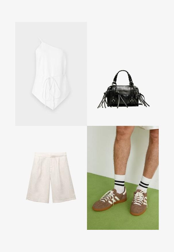 Bijela bluzica s jednom naramenicom izrađena od lagane tkanine. Ima detalj vezanja u struku i asimetričnu donju ivicu. Glatka tekstura.; Bež lanene hlače s širokim nogavicama, s prednjim naberama i glatkim pojasom. Tkanina ima blago teksturiranu završnu obradu.; Smeđe nubuk tenisice s bijelim detaljima i vezicama. Gumeni potplat. Nosene s bijelim čarapama s crnim prugama. Zeleno teksturirano pod.; Crna kožna torba s pletenim ručkama, teksturiranom površinom, prednjim džepom na patentni zatvarač i dekorativnim resicama. Kompaktna i strukturirana forma.