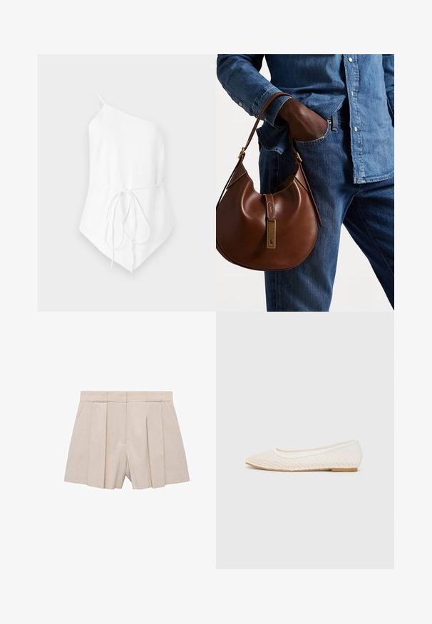 Eno-ramenski bel top iz lahkega materiala. Ima detajl z vezavo v pasu in asimetrični rob. Gladka tekstura.; Bež kratke hlače z pregibi, oblikovane po meri, z visokim pasom in gladko teksturo. Štirje sprednji pregibi ustvarjajo volumen. Brez žepov.; Bele teniske z belim mrežastim dizajnom, s koničastim nosom in nizkim ravnim podplatom. Teksture zgornji del z gladkim oblogom in subtilnimi kontrastnimi robovi.; Rjava usnjena hobo torba zaobljene oblike, ki vsebuje zlatokovinske dodatke in kontrastno šivanje. V kombinaciji z denim srajco in kavbojkami.