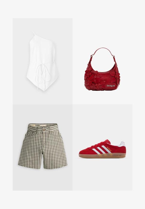 En axelbandslös vit topp gjord av lättviktigt material. Har en knytning i midjan och en asymmetrisk nederkant. Mjuk textur.; Bruna och vita rutig shorts med knappstängning, två framfickor och en avslappnad passform. Tillverkade av vävt tyg med en slät yta.; Röd mocka sneaker med vitt tre-stripes mönster och guld "Gazelle" text. Har en gumminocke och texturerad häl.; Röd läderhandväska med blommig applikationsdesign, kurvformad och med ett kort handtag. Silverfärgad hårdvara och varumärket "Desigual" framhävt.