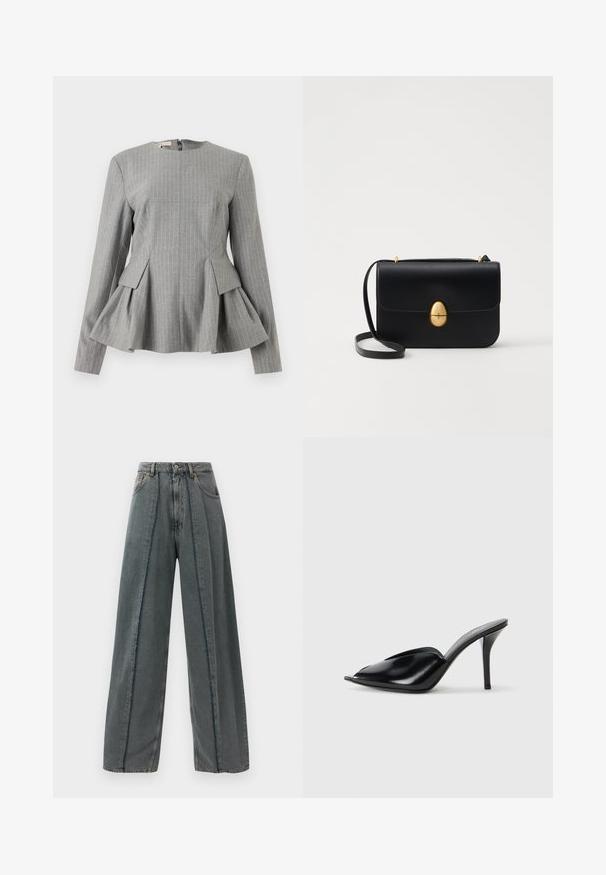 Grå peplum-top med lodrette hvide striber, struktureret design, rund halsudskæring, lange ærmer og lynlås i ryggen. Tekstureret stof.; Bredde ben mørkegrå denimjeans med høj talje, slidte sømdetaljer der løber lodret ned foran, og klassisk fem-lommers design.; Sorte læder højhælede mules med åbent tådesign, spidse former, glat tekstur og en slank stiletto hæl.; Sort læderhandbag med en struktureret rektangulær form. Har et gyldent ovalt lås og en tynd skulderrem. Glat tekstur.