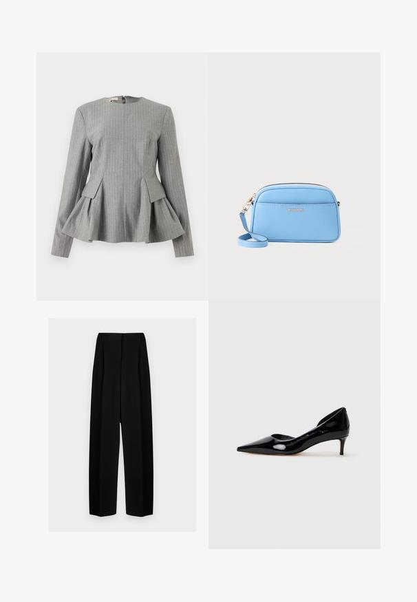 Top peplum cinza com listas verticais brancas, design estruturado, decote redondo, mangas longas e fecho de zíper nas costas. Tecido texturizado.; Calças largas pretas com uma cintura alta, apresentando pregas e uma textura suave. O tecido parece leve e cai elegantemente.; Sapato de salto kitten de bico fino em couro verniz preto para mulheres, com salto baixo, exibido em perfil sobre um fundo cinza claro liso.; Bolsa crossbody em couro azul claro com acessórios em tom de ouro, fecho em zip, e um bolso frontal. Apresenta uma alça ajustável para conveniência.