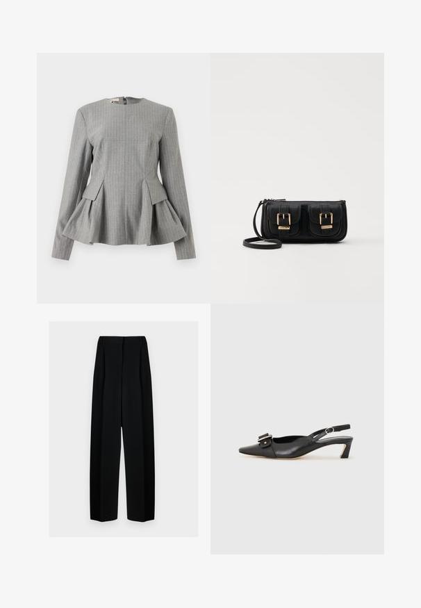 Sivá peplum blúzka s vertikálnymi bielymi pruhmi, štruktúrovaný dizajn, okrúhly výstrih, dlhé rukávy a zips na zadnej strane. Textúrovaná tkanina.; Čierne široké nohavice s vysokým pásom, so skladmi a hladkou textúrou. Tkanina vyzerá ľahko a elegantne sa drapuje.; Čierne kožené sandále s úzkym prstom, malým opätkom a dekoratívnou sponou na vrchnej časti. Hladká textúra, minimalistický dizajn.; Čierna kožená crossbody taška s dvoma prednými vreckami, zlatými sponami, zipsovým uzatváraním a úzkym popruhom. Štruktúrovaný povrch a kompaktný obdĺžnikový tvar.