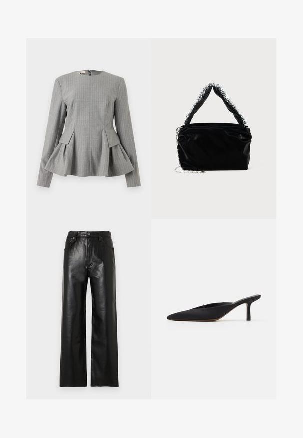 Gray peplum top with vertical white stripes, structured design, round neckline, long sleeves, and back zipper closure. Textured fabric.; Black leather wide-leg pants with a glossy finish, featuring front pockets, a zip fly, and a button closure. Smooth texture throughout.; Black pointed-toe mule with a sleek design, made of smooth fabric, featuring a slender heel and open back for easy wear.; Black faux leather handbag with a textured finish, featuring a beaded silver accent along the top handle and a chain strap.