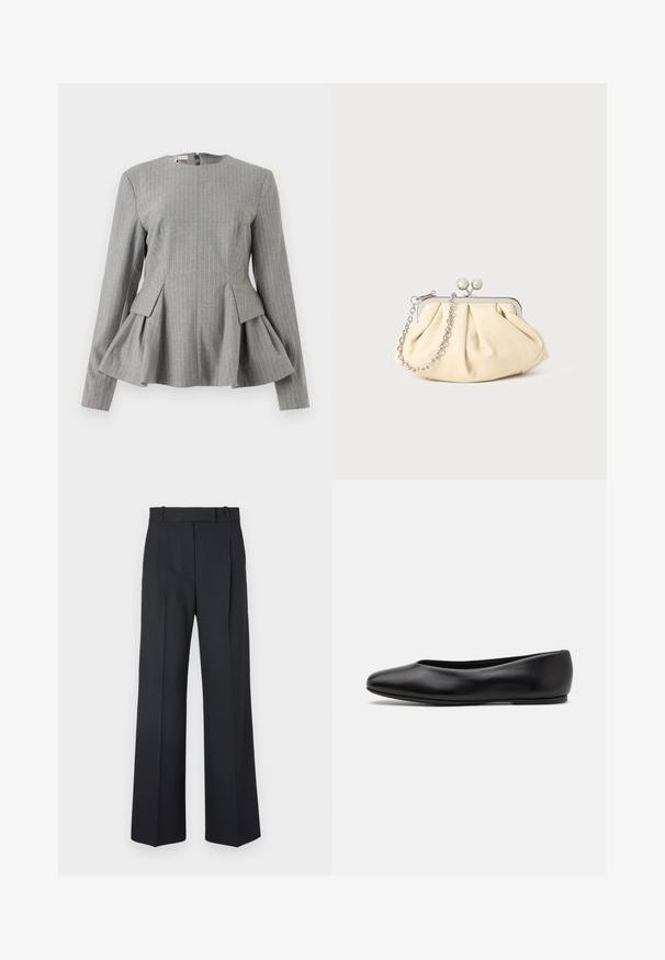 Top peplum grigio con strisce bianche verticali, design strutturato, scollatura tonda, maniche lunghe e chiusura con zip sul retro. Tessuto testurizzato.; Pantaloni a righe blu scuro con vita alta, design a gamba larga e senza hardware o decorazioni visibili. Tessuto liscio e vestibilità sartoriale.; Paul Smith TOPANGA - Ballerine - black; Clutch in pelle beige plissettata con una struttura in metallo argento, dotata di due chiusure decorative rotonde e una tracolla in catena argentata.