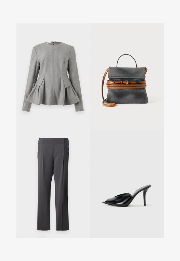 Šedý peplum top s vertikálními bílými pruhy, strukturovaný design, kulatý výstřih, dlouhé rukávy a zapínání na zip na zadní straně. Texturovaná tkanina.; Šedé kalhoty na míru se rovnou nohavicí, předními sklady a dekorativními bočními knoflíky pro dodatečný detail. Hladká textura látky.; Černé kožené vysoké muly s otevřenou špičkou, špičatým designem, hladkým povrchem a štíhlým jehlovým podpatkem.; Šedá džínová kabelka se strukturovaným tvarem, která má hnědý kožený popruh a detail s přezkou. Obsahuje horní ucho a nastavitelný ramenní popruh.
