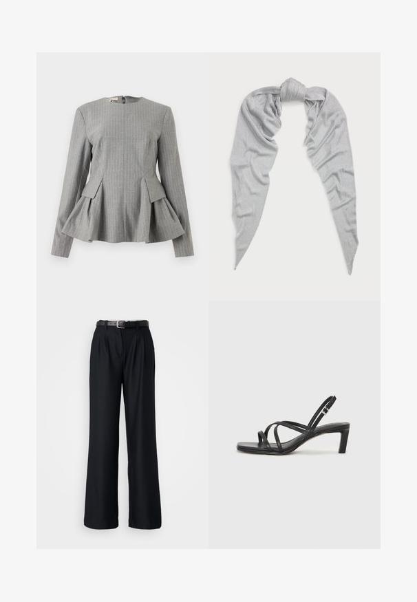 Top peplum gri cu dungi albe verticale, design structurat, decolteu rotund, mâneci lungi și închidere cu fermoar la spate. Textură din material.; Pantaloni largi negri, confecționați dintr-un material neted, având pliseuri frontale și o curea neagră asortată cu o cataramă din argint.; Sandal cu barete negre, cu vârf pătrat și toc mic de bloc. Prezintă mai multe barete subțiri și o bareta ajustabilă la gleznă. Fabricat din piele netedă.; Fular argintiu realizat dintr-un material moale și texturat. Prezintă un centru legat și capete lungi, conice, cu un luciu subtil.; Geantă tote din piele neagră cu textură netedă, formă structurată, două mânere și un detaliu proeminent din aliaj de argint pe partea din față.