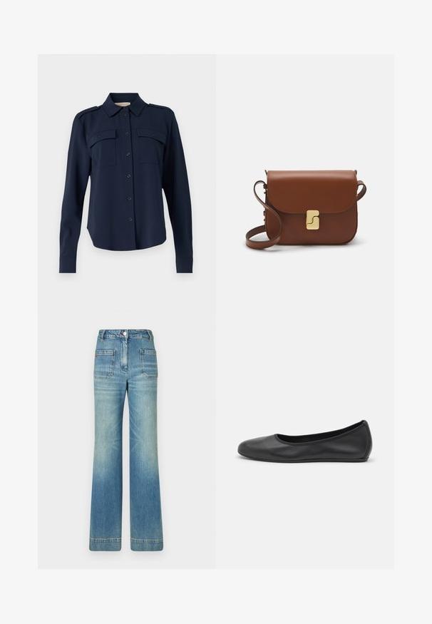 Mornarno modra srajca s gumbi, izdelana iz mehkega materiala. Ima dve žepoma na prsih, ramenske epaulety in dolge rokave z gumbastimi manšeti.; Bela majica s dolgimi rokavi iz rebrastega bombaža, s krožnim izrezom in ravnim robom. Enostaven dizajn brez vzorcev ali naglasov.; Svijetloplave traperice s flared nogavicama, pet džepova, petljama za remen, kopčanjem na dugme i blago izblijedjelim izgledom, s crvenim logo detaljem na stražnjem dijelu.; Črne usnjene balerinke z zaobljenim nosom, gladko teksturo, minimalnimi šivi in fleksibilno zasnovo podplata.; Rjava usnjena torbica s poklopcem, zlato obarvani okovi, naramnica in gladka tekstura. Kompaktna pravokotna oblika.