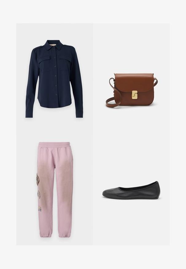 Navyblaues Hemd mit Knopfleiste aus weichem Stoff. Verfügt über zwei Brusttaschen, Schulterklappen und lange Ärmel mit geknöpften Manschetten.; Langärmliges weißes T-Shirt aus geripptem Baumwollstoff, mit rundem Ausschnitt und geradem Saum. Einfaches Design ohne Muster oder Akzente.; Rosa Sweatpants mit elastischem Bund, verziert mit dekorativen Patches in Diamantform auf der linken Seite und elastischen Bündchen an den Knöcheln.; Schwarze Leder-Ballettschuhe mit abgerundeter Spitze, glatter Textur, minimalen Nähdetails und einem flexiblen Sohlen-Design.; Braune Ledertasche mit Klappenverschluss, Beschlägen in Goldfarbe, einem Schultergurt und einer glatten Oberfläche. Kompakte rechteckige Form.