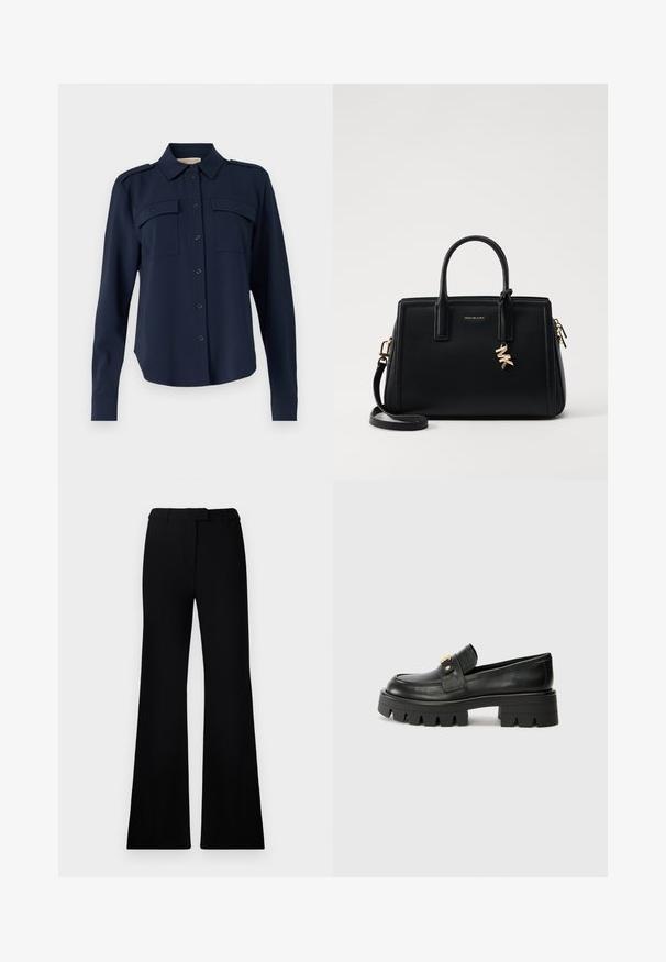 Chemise boutonnée bleu marine en tissu doux. Elle comporte deux poches poitrine, des épaulettes et des manches longues avec des poignets boutonnés.; Pantalons évasés noirs avec une texture lisse, une taille cintrée et des poches avant, conçus avec une silhouette moderne et élégante.; Mocassins en cuir noir avec une semelle épaisse, présentant un accent doré à l'avant et une finition lisse. Design à crampons épais sur la semelle.; Sac à main en cuir noir avec un design structuré, deux poignées supérieures, une bandoulière amovible, des accessoires en or et un pendentif avec le logo.